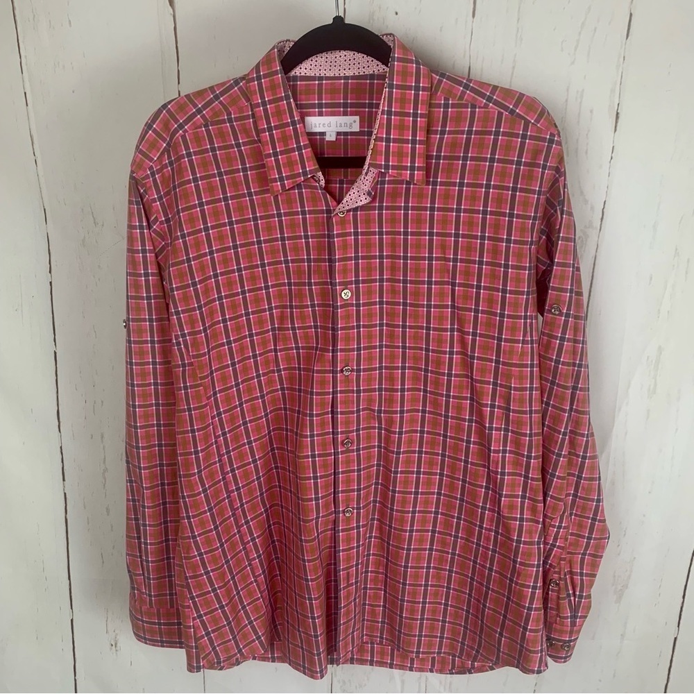 Jared Lang pink plaid button front shirt Large 100% cotton dress shirt